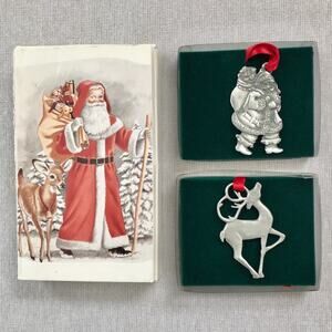 Vintage Set Santa Claus & Raindeer  Pewter Christmas Ornaments